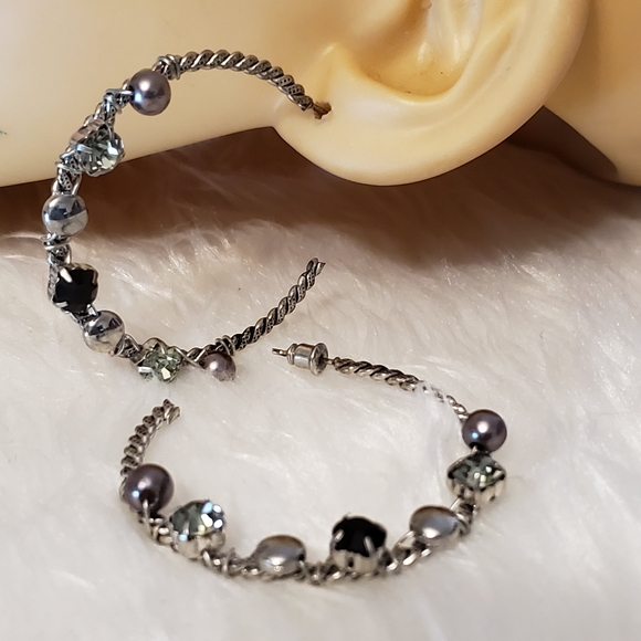 E0223 Silver Coiled Crystal Accent Open Back Hoops - Picture 3 of 8